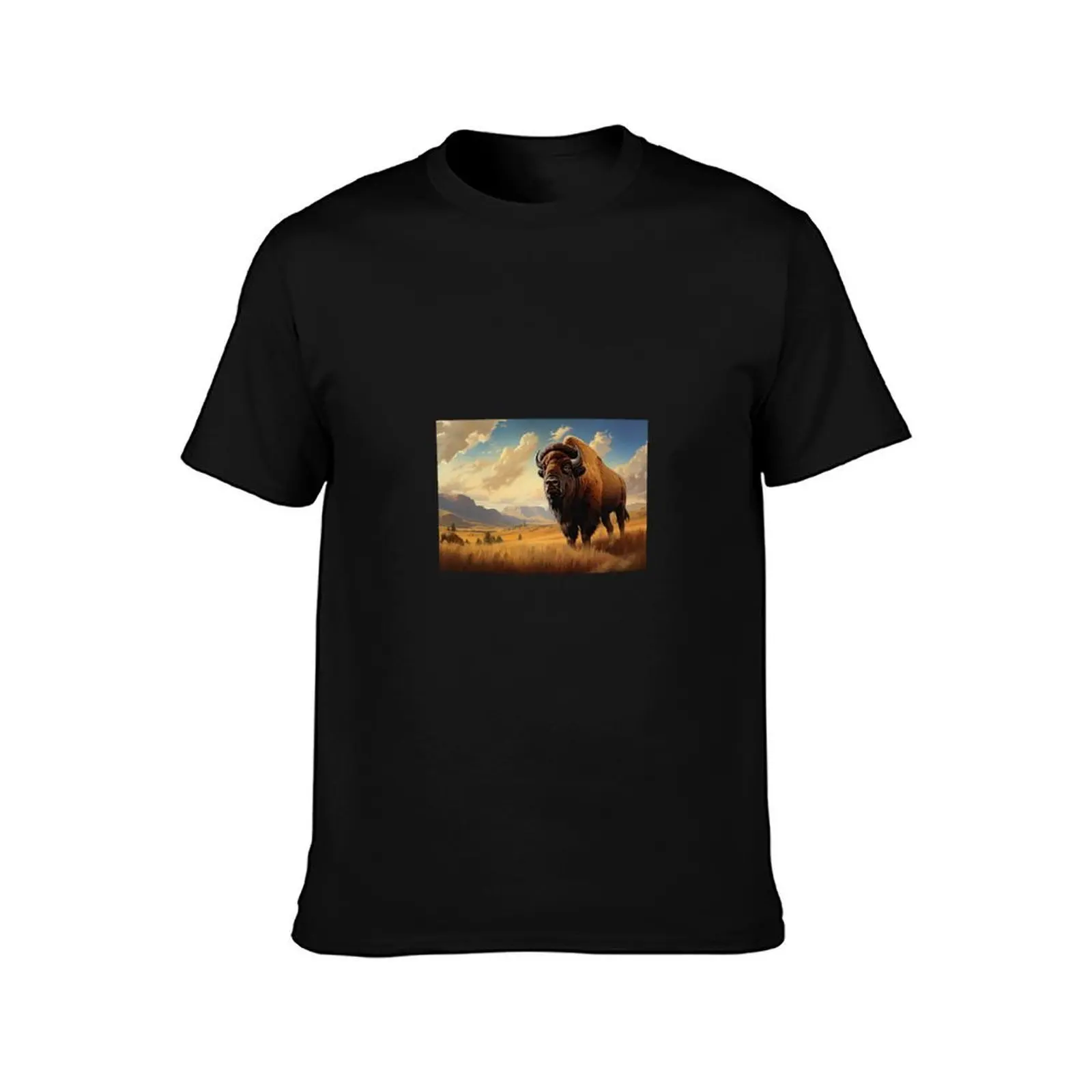 American Bison on the Prairie T-Shirt Large Size Casual Short Sleeve Top T-Shirt