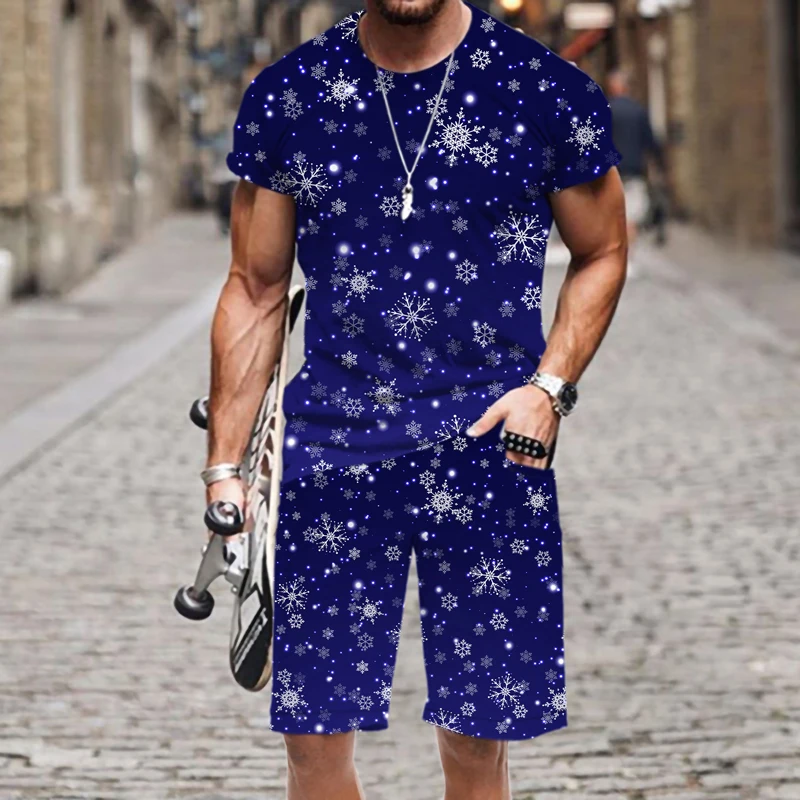 Men's T-shirt Shorts Set Casual Snowflake Funny Tops 3D Printed Outfit O Neck Street Tracksuit Sportswear Fashion Summer Beach