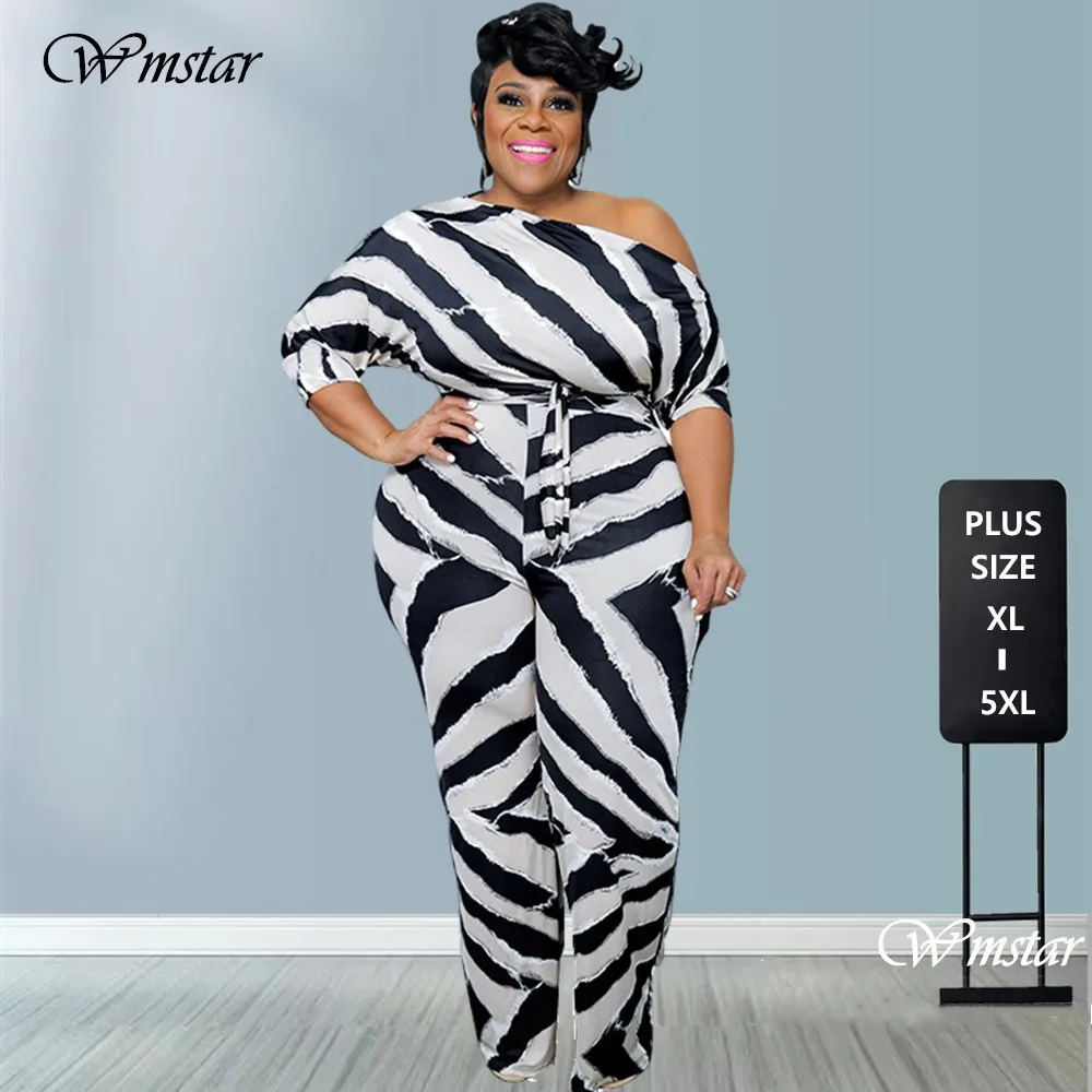 Wmstar Women\'s Jumpsuit  XL- 5XL Plus Size One Piece Outfits Half Sleeve Office Lady Striped New Bodysuit Wholesale Dropshipping