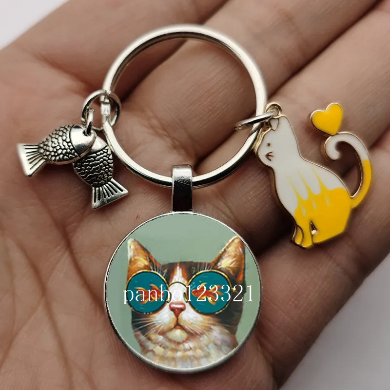 cute naughty cat and fish convex glass pendant keychain cute gluttonous cat want to eat fish key ring ladies and cute girl