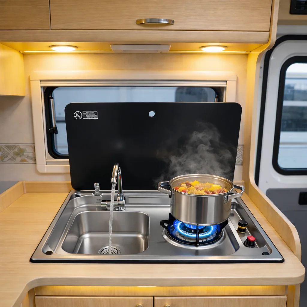 304 Stainless Steel RV Gas Stove Sink Combo with Tempered Glass Lid Single Burner for Camper Caravan Marine Boat Kitchen