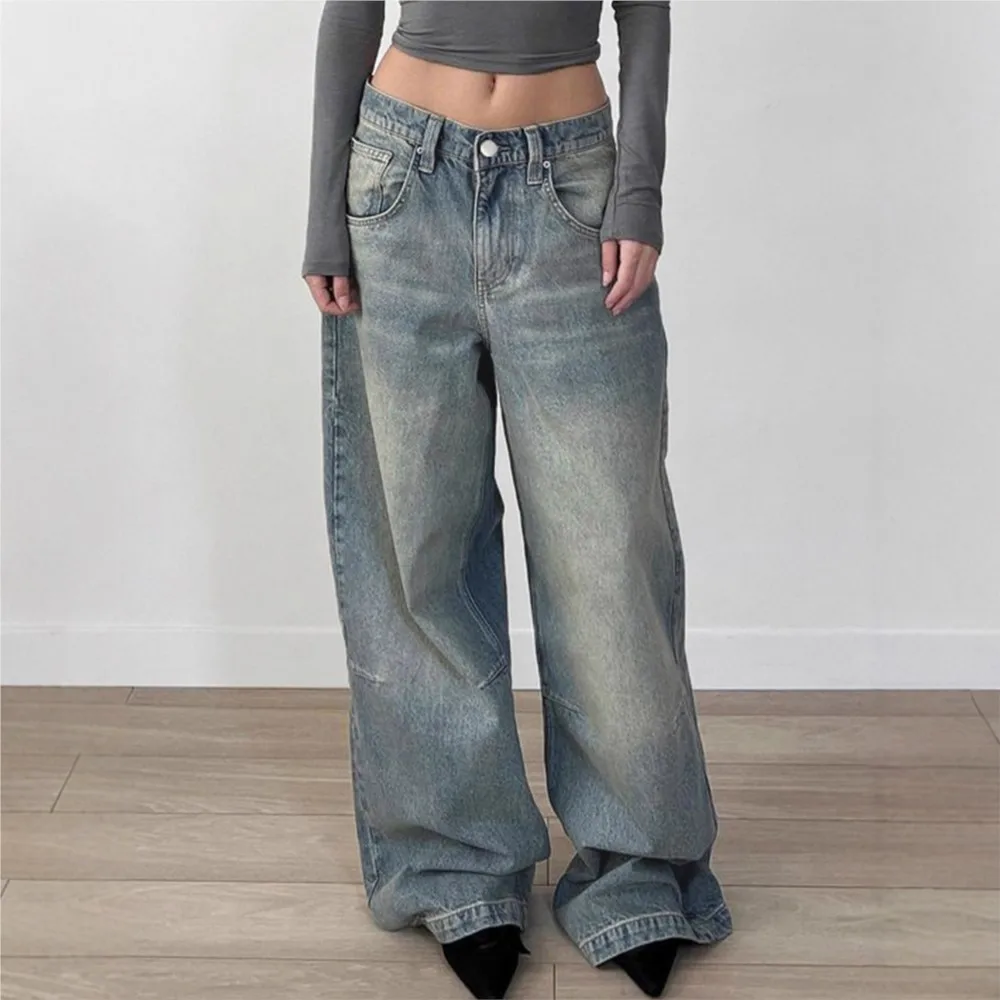 American Baggy Jeans Retro Women's Clothing Straight Pants Low Waist Loose Street Casual All-match Simple Style Fashion Trendy
