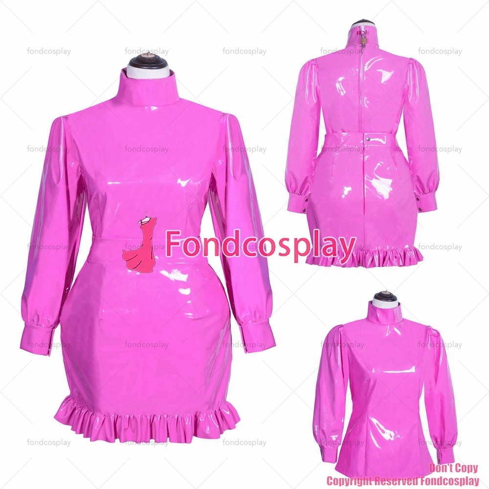 

fondcosplay cross dressing sissy maid hot pink short lockable heavy PVC Gothic lolita punk shirt blouse skirt CD/TV[G3927]