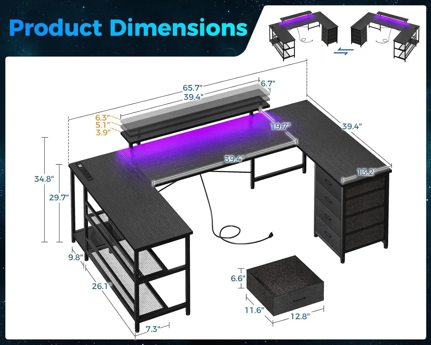 Shaped Desk with Power Outlets  Strip  Monitor Stand,  Reversible L Shaped Desk with Drawers and Storage Shelf