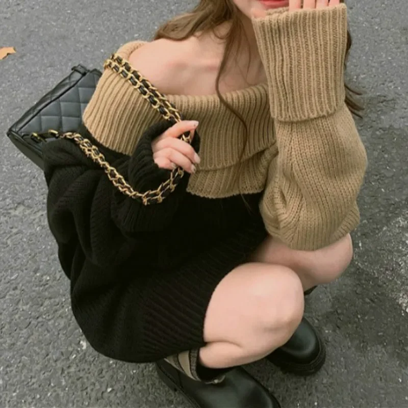 Frauen Pullover Herbst Winter lose lässige Farbe passend dicke Pullover weibliche Mode Patchwork Slash Neck Langarm pullover