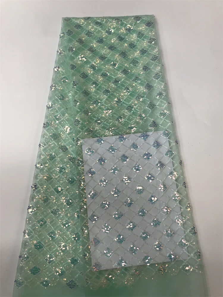 

2023 Green Latest High Quality Hot Sales Elegant African French Tulle Lace with Sequins Fabric For Party Evening Dress