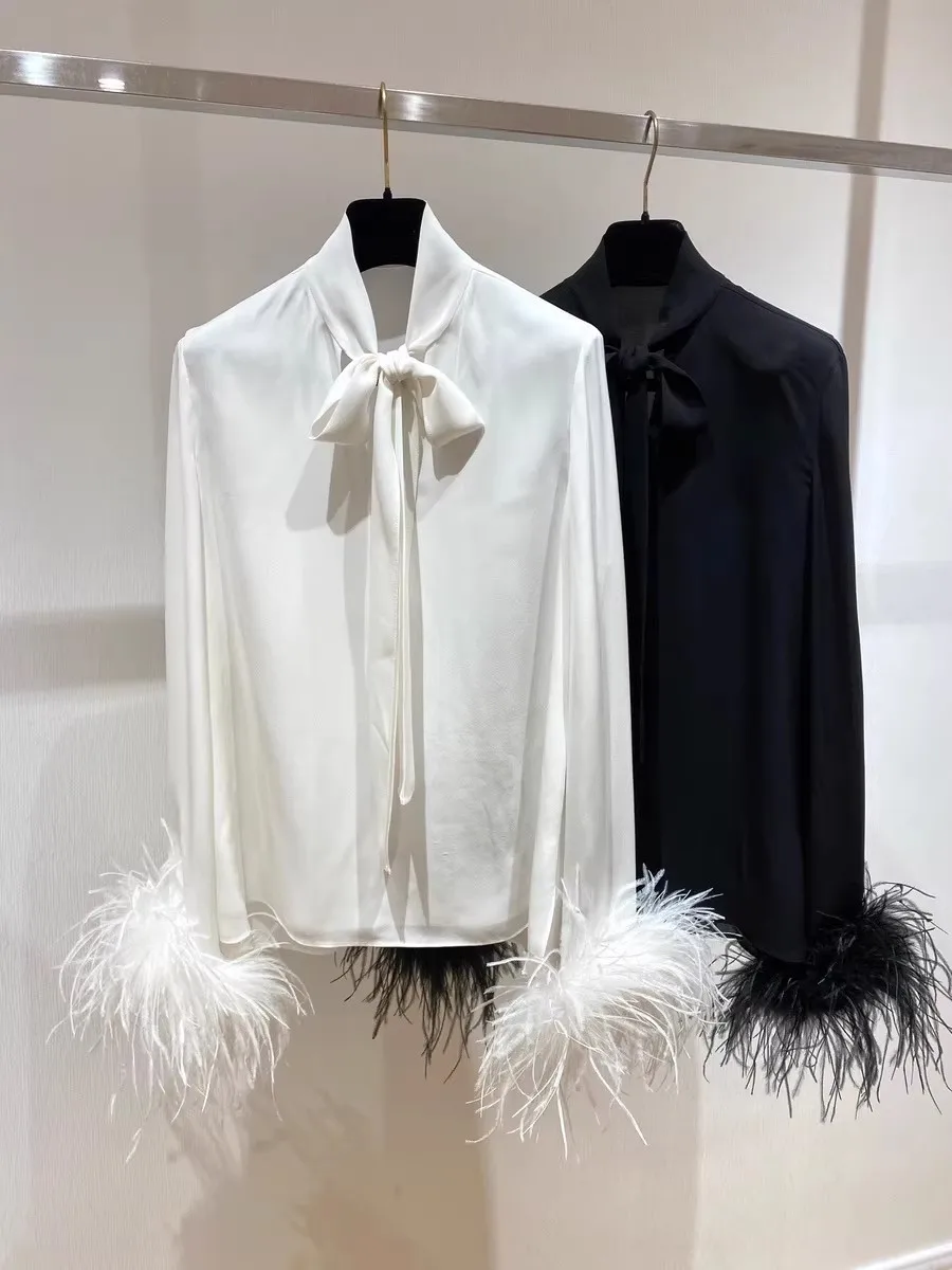 

2026 Spring Elegant Ladies White Silk Blouse Fashion Lace-up Long Sleeve Patchwork Feathers Black Shirt
