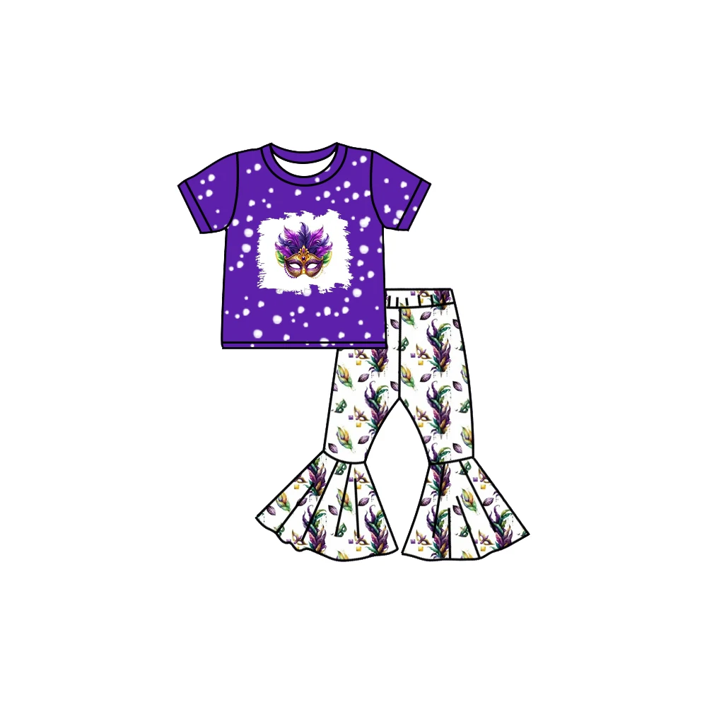 Boutique Girls Purple Mardi Gras Outfits Short Sleeves Top Mask-Bow Bell Pants Set