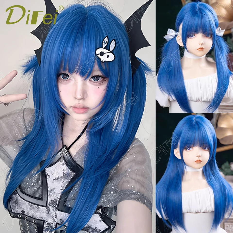 

Синий высокоуровневый прямой синтетический парик Лолиты, женский парик, длинный прямой парик с челкой, подходит для Хэллоуина и Рождества