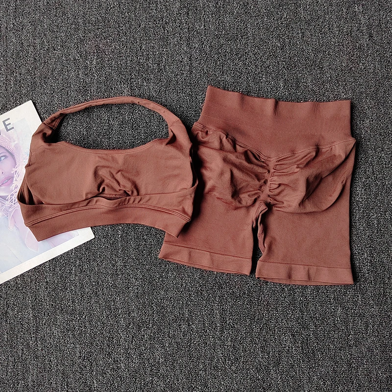 2피스 피치 하이웨이스트 벨리 힙업 스포츠 브라 숏츠 세트, 충격 방지 넥 홀터 요가복 러... - 5