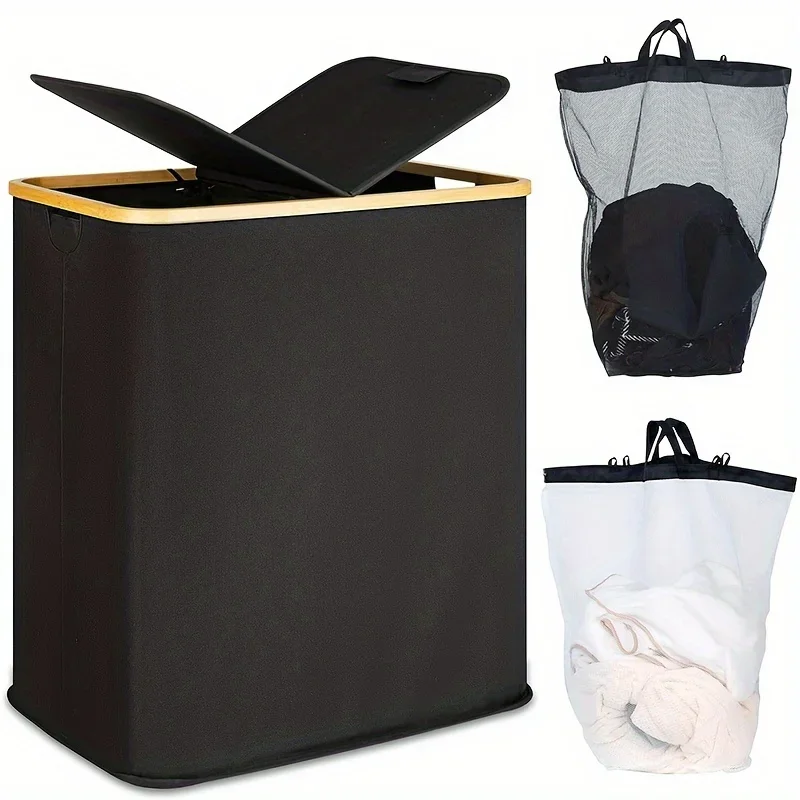 

Bohemian Style Double-Layered Laundry Hamper with Lid - Large, Foldable & Space-Saving Dirty Clothes Basket with 2 Removable Was