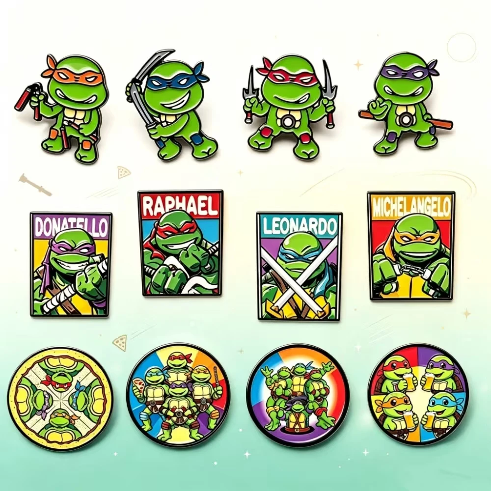 12Pcs Multi-style Cute Turtle Crew Brooches, Chibi Figures, Retro Posters & Gathering Round Badges for Versatile Outfits