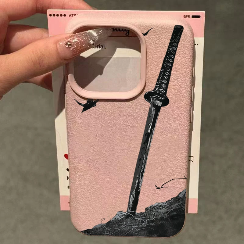 Espada preta criativa lichee padrão silicone caso de telefone para iphone 17 16 15 14 13 12 11 pro max xs xr 16e 17 ar 16 plus capa