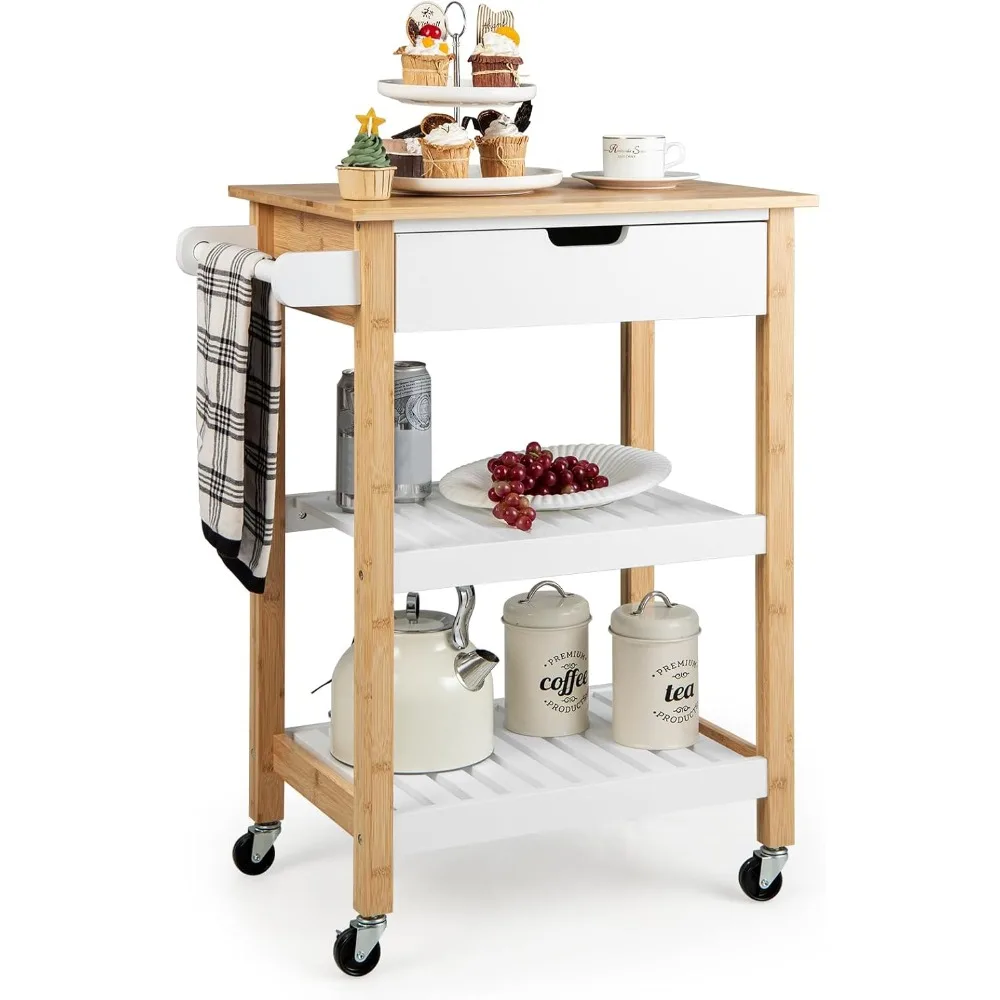 

Rolling Kitchen Island, Bamboo Island Cart with Drawer, 2 Open Shelves, Towel Handle, Mobile Butcher Block Food Prepping Trolley