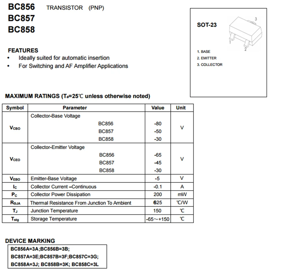 BC856 BC857 BC858 PNP SMD الترانزستور SOT-23 3A 3B 3E 3F 3G 3J 3K 3L SOT23 جديد الأصلي