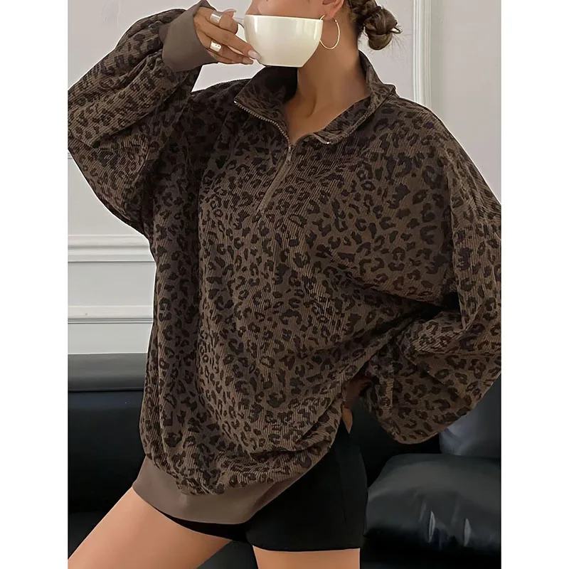 Women Casual Zipper Long Sleeve Leopard Sweatshirt Loose Oversize Retro Hoodie Stand Collar Corduroy Outerwear Pullover Autumn