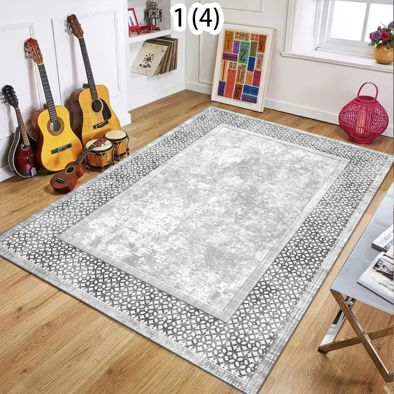 Grey Boho Moroccan Area Rug Modern Geometric Border Non-Slip Carpet Minimalist Vintage Home Decor Floor Mat for Living Room