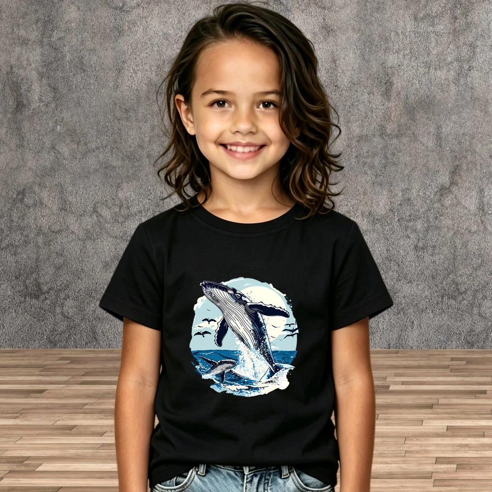 Boys Girls Marine Animal T-Shirt Summer Short Sleeve Humpback Whale with Ocean Waves Print Kids Tees