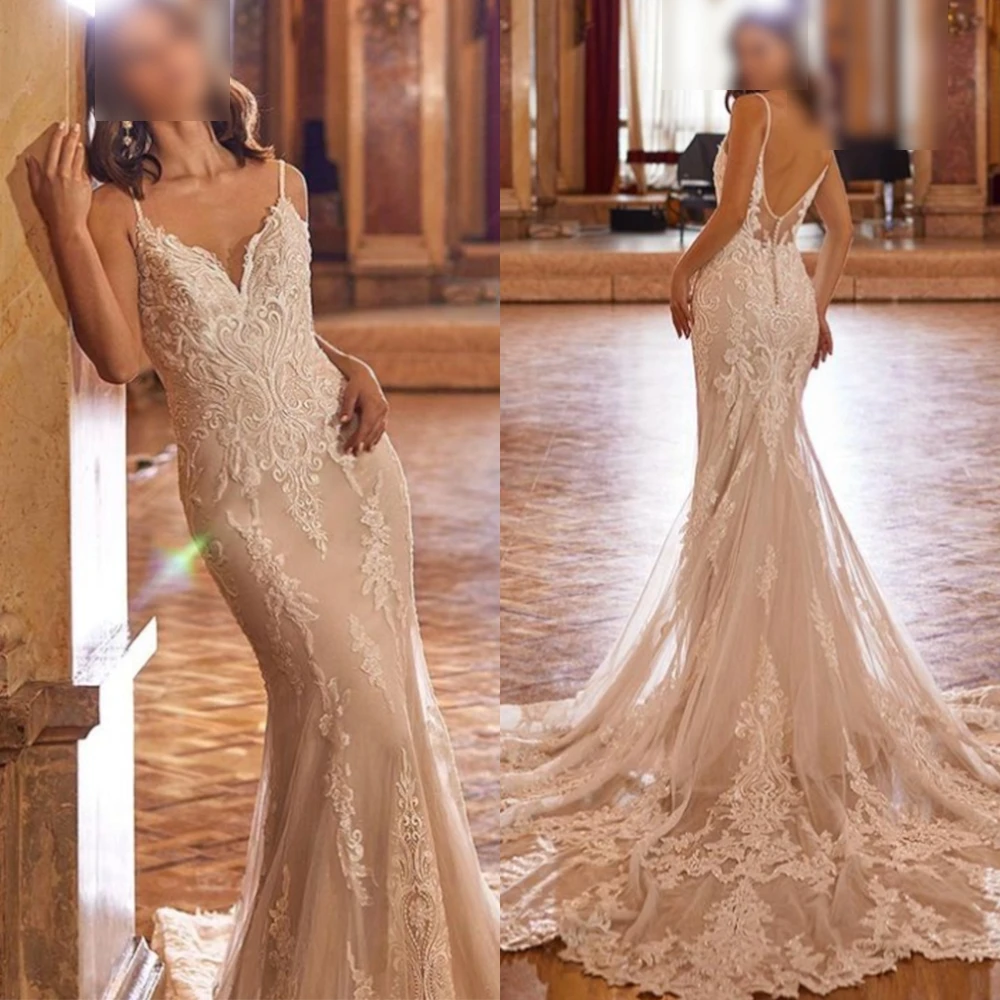 Customized High Quality Appliques Bridal Gowns Mermaid Spaghetti Straps Wedding Dress Classic Floor Length Vestido De Novia