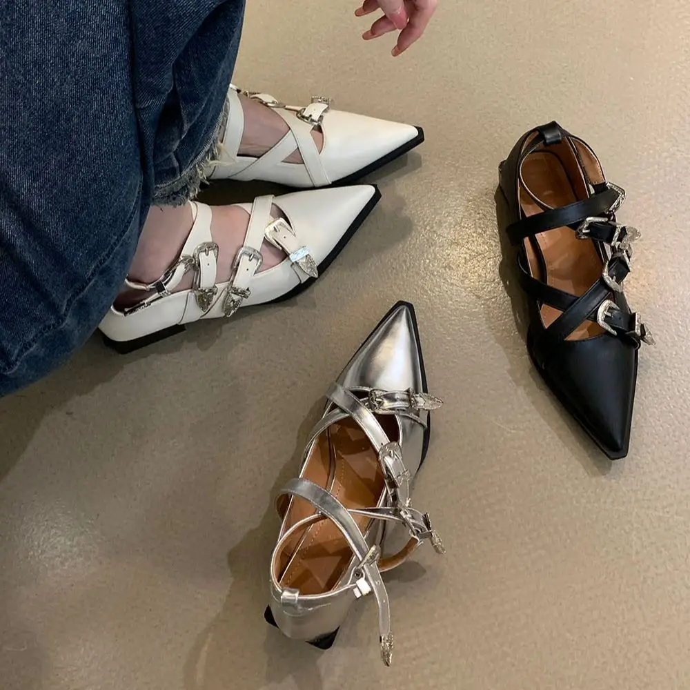 Pointed Toe Women Flat Loafers Belt Buckle Autumn Spring Fashion Party Pumps Black White Silver Loafers Shoes Low Heels 35-39