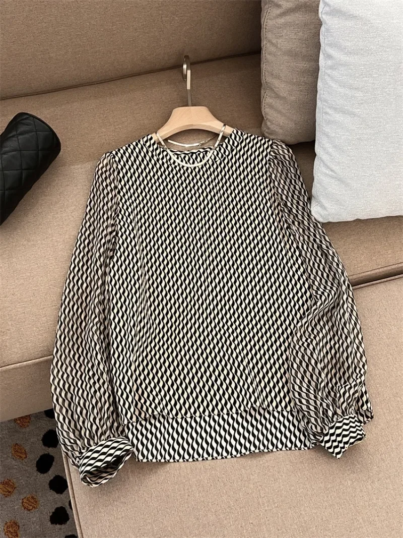 Satin Women\'s Shirt Silk Stripe Vintage Blouses Loose O-neck Spring/Summer Ladies Clothing Long Sleeves Tops