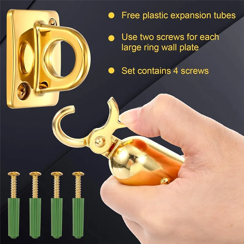 HLZS-Large Loop Wall Plate Metal Post 2 Pcs Gold Rope Safety Barrier Hanging Circle Hook Queue Line For Movie