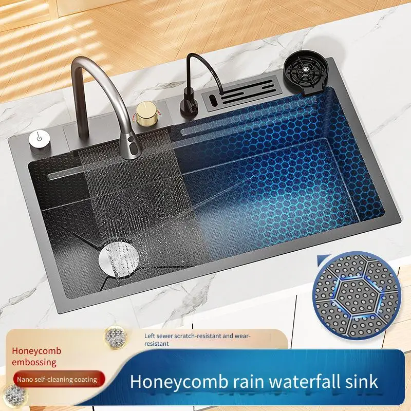

Honeycomb emed Feiyu Waterfall Sink 304 stainless steel wash basin kiten household large single dish sink left side
