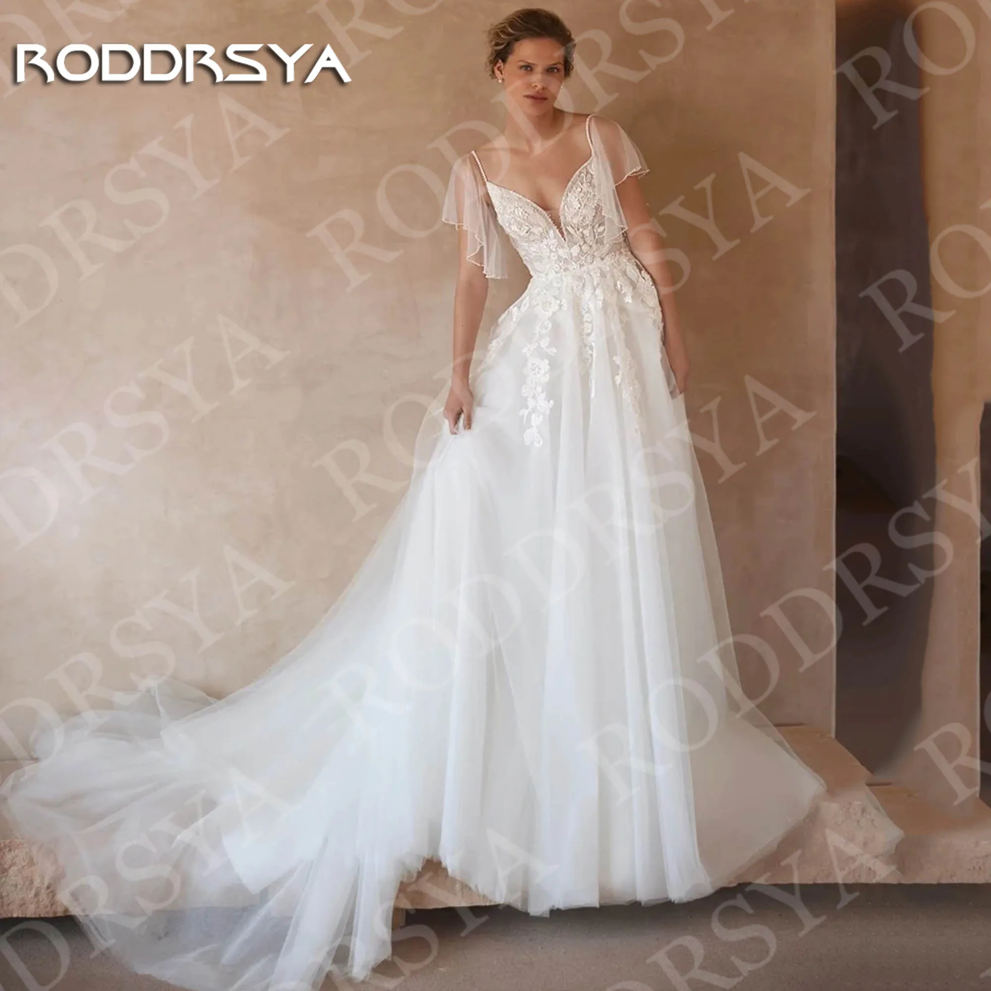

RODDRSYA Elegant V Neck Wedding Dress Romantic Lace Bridal Gown robe de mariée A Line Short Sleeves Bride Dresses Customized