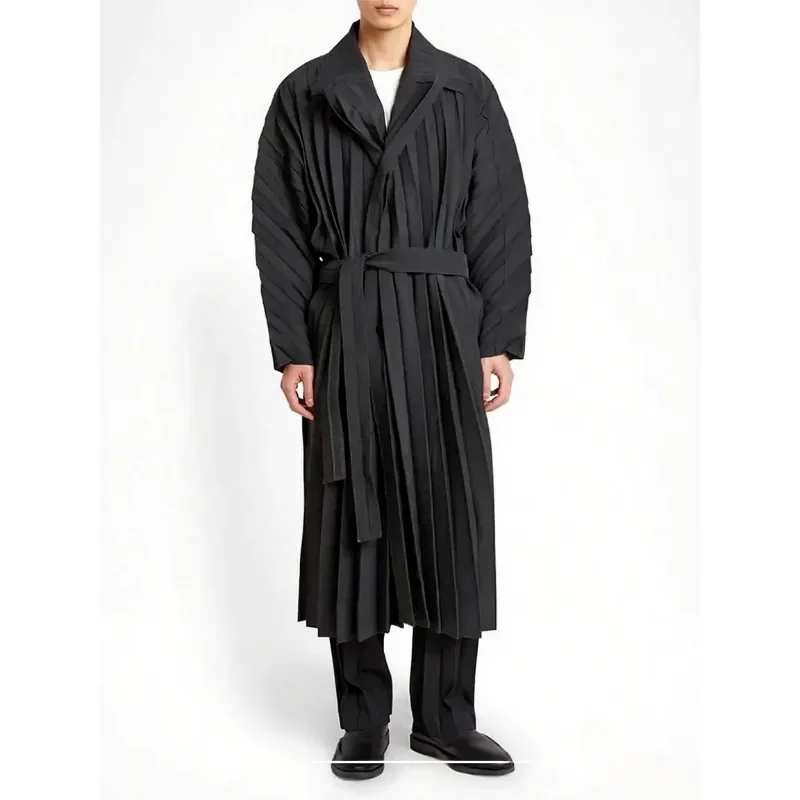 

2025 Summer Miyake Pleated Trench Coat Men's Niche Design Sense Wind Handmade Pleated Trench Coat Casual Tie Waist Coat Jacket