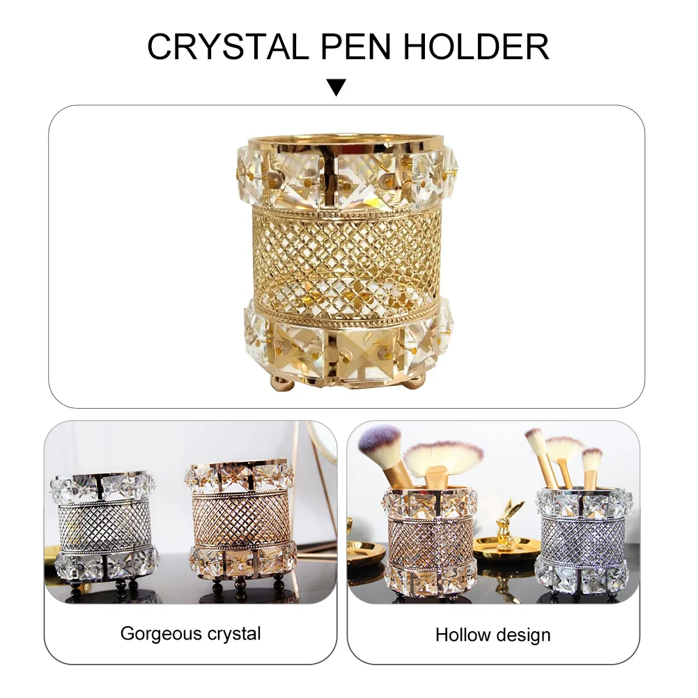 Golden Crystal Cylinder Decoration Pen Holder Makeup Brush Bucket Storage Jar Container