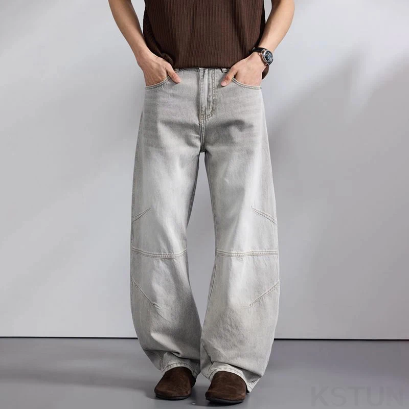 

2026 Spring Summer Men's Wide-leg Jeans Loose Baggy Pants Vintage Patchwork Light Gray Curved Blade Pants‌ Men's Clothing