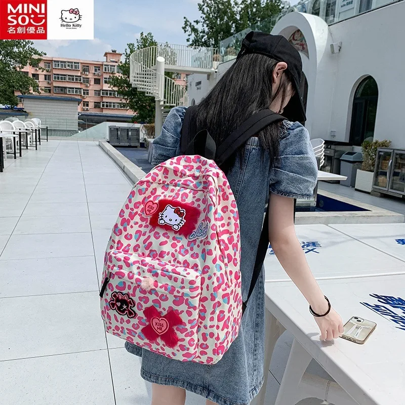 MINISO Hello Kitty Cute Leopard Print Backpack Girls Cartoon Backpack Student School Bag