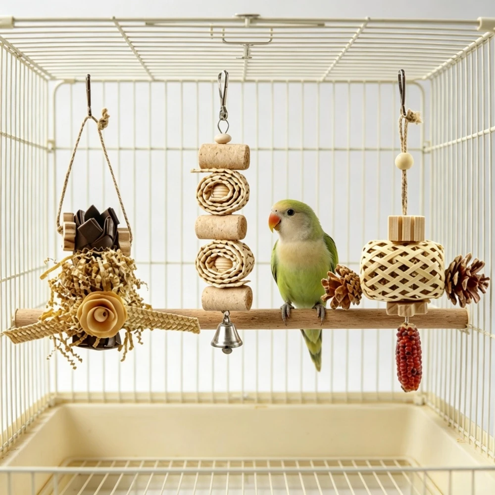 Hanging Natural Woven Parrot Foraging Chew Toy Set 3 Styles Rattan Straw Shred Toys for Small Medium Parakeets Conures