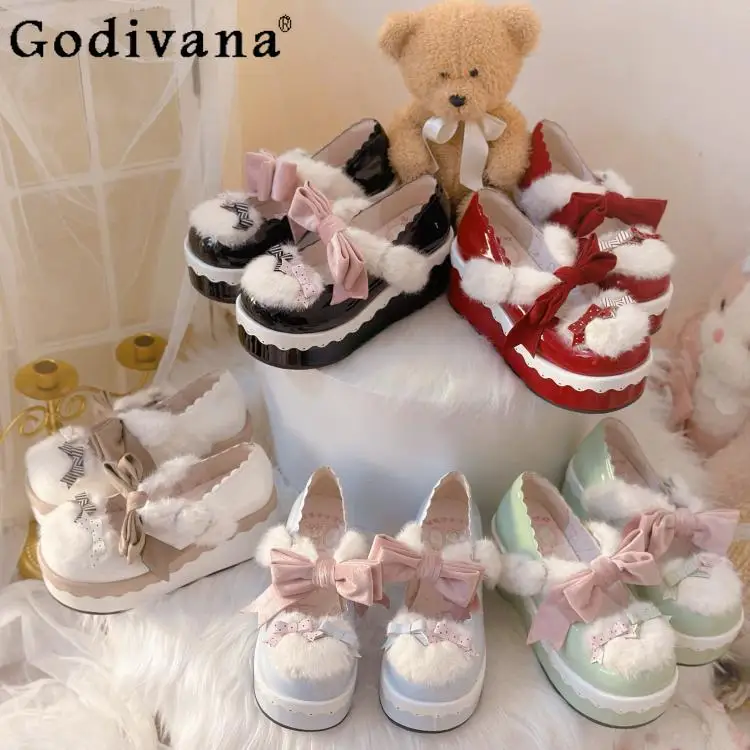 

Original Soft Girls Lolita Platform Shoes Female Sweet Cute Bow Plush Mary Jane Shoes Student Kawaii Pink High Heels Spring New