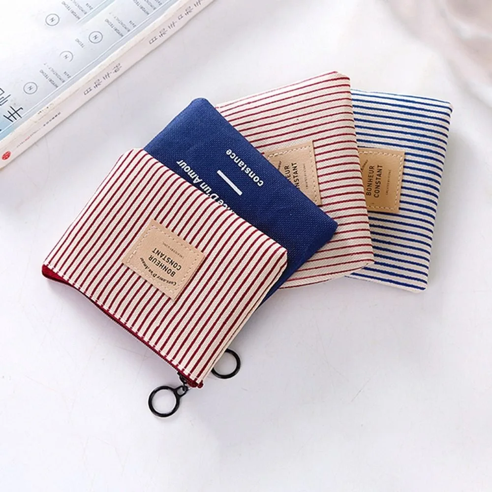 with Key Ring Square Stripe Print Coin Purse Small Zipper Canvas Letter Wallet Case Card Holder Coin Pouch Change Purse Kid