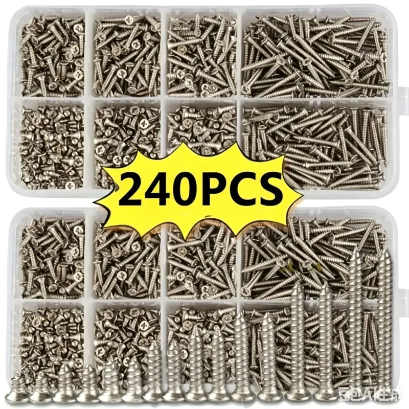 Self-Tapping Wood Screw Set Box 8 Sizes M2 Flat Metal Screws Classification Kit for Home Improvement