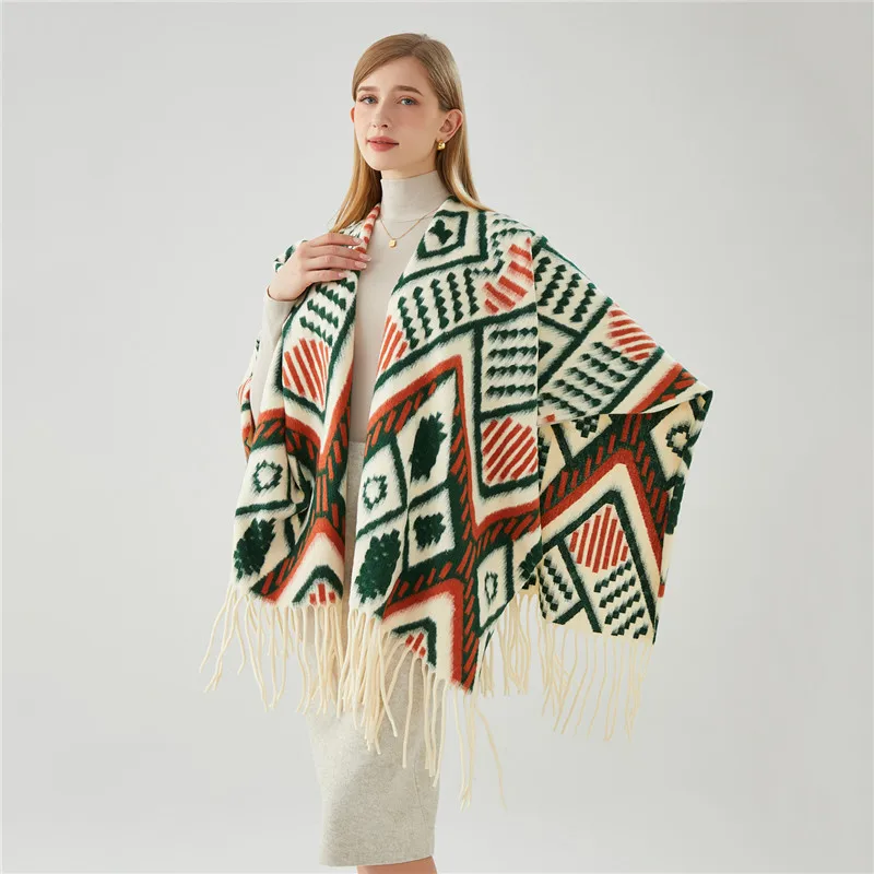 Ethnic style imitation cashmere shawl for women's outdoor wear travel attire geometric tassel cloak, air-conditioned room cloak