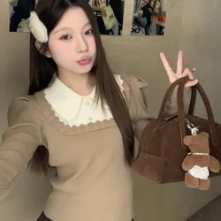 Doll Collar Contrasting Color Knitted Sweater for Women Two Piece Patchwork Bubble Sleeve Base Shirt Chic Top