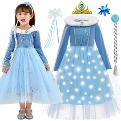 Kids Snow Queen Elsa Cosplay Princess Dress Autumn Winter Blue Long Sleeve Birthday Carnival Christmas Party Costume for Girls