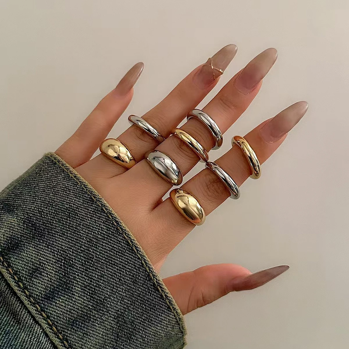 8pcs/set Vintage Geometric Adjustable Open Finger Nail Rings for Women Simple Glossy Cuff Ring