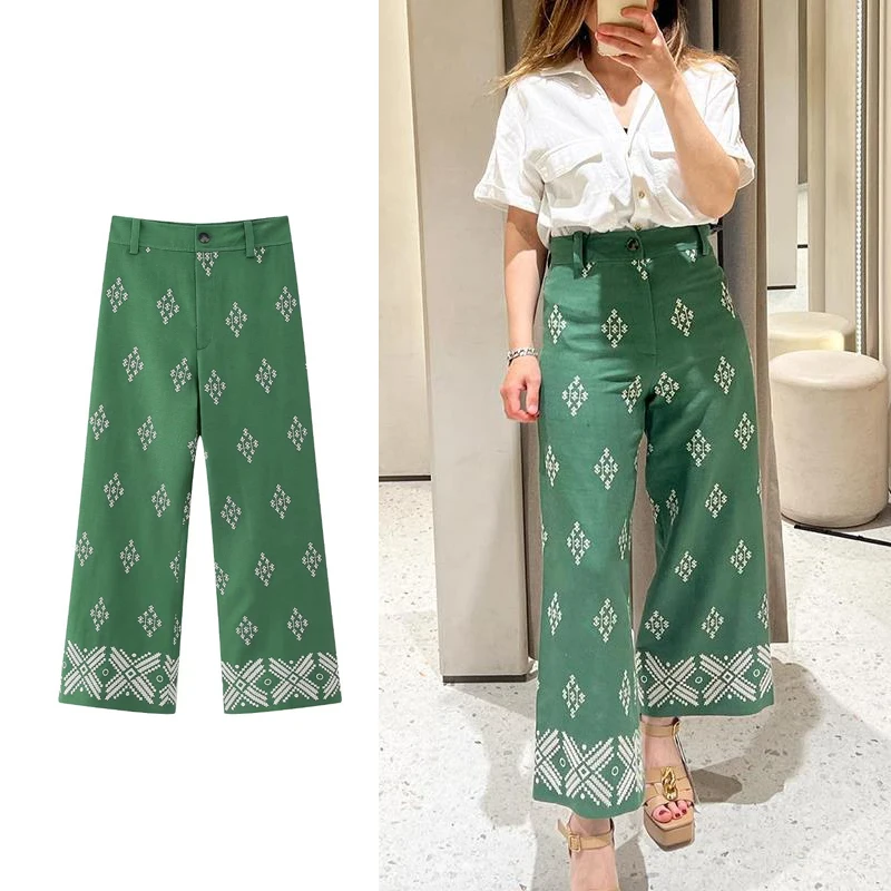 TEELYNN Vintage Ethnic Floral Embroidery Wide Leg Pants for Women Casual High Waist Linen Cotton Pant Summer Boho Beach Trousers