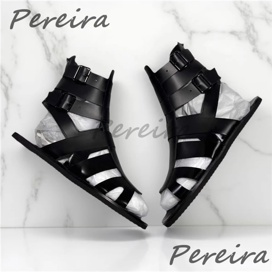 Summer New Men's Gladiator Sandals Black Open Toe Cross Belt Buckle Hollow Casual Flats Fashion Genuine Leather High Top Shoes