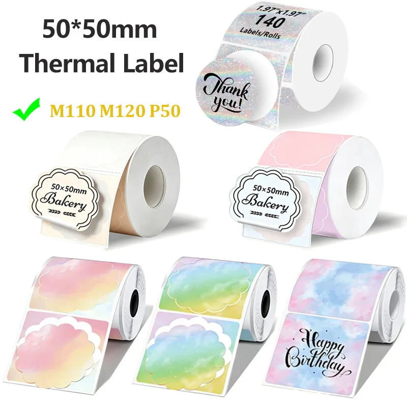140pcs Round Thermal Label Roll Adhesive 50x50mm Holographic Flower Circle Sticker Paper For Phomemo M110 P50 E210 Label Maker