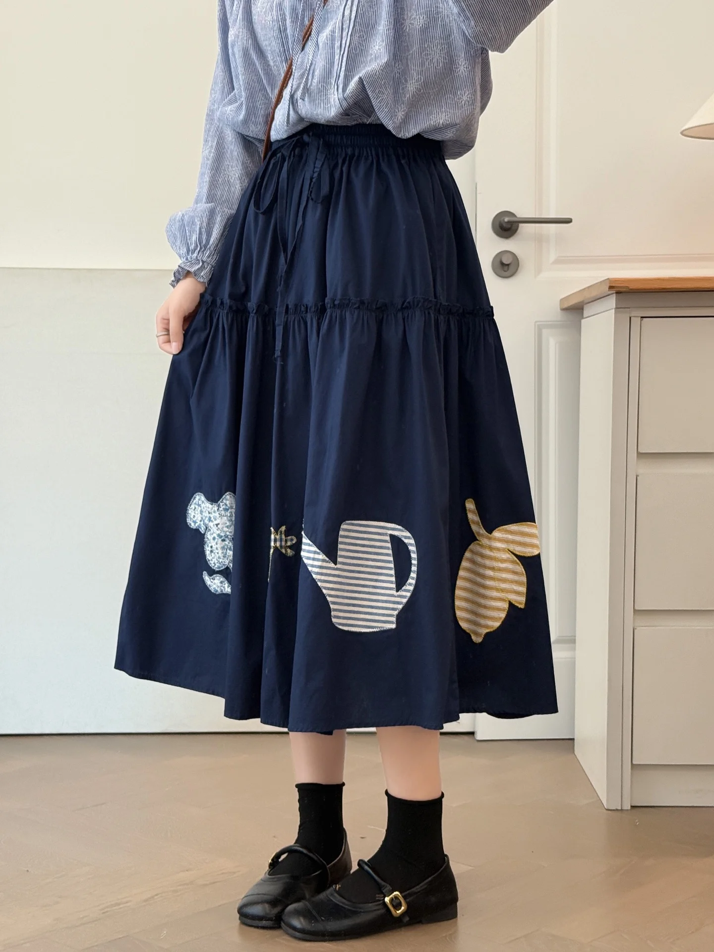 

Японская свободная юбка трапециевидной формы из чистого хлопка с тяжелой вышивкой и эластичной резинкой на талии, уникальная юбка с поясом для женщин