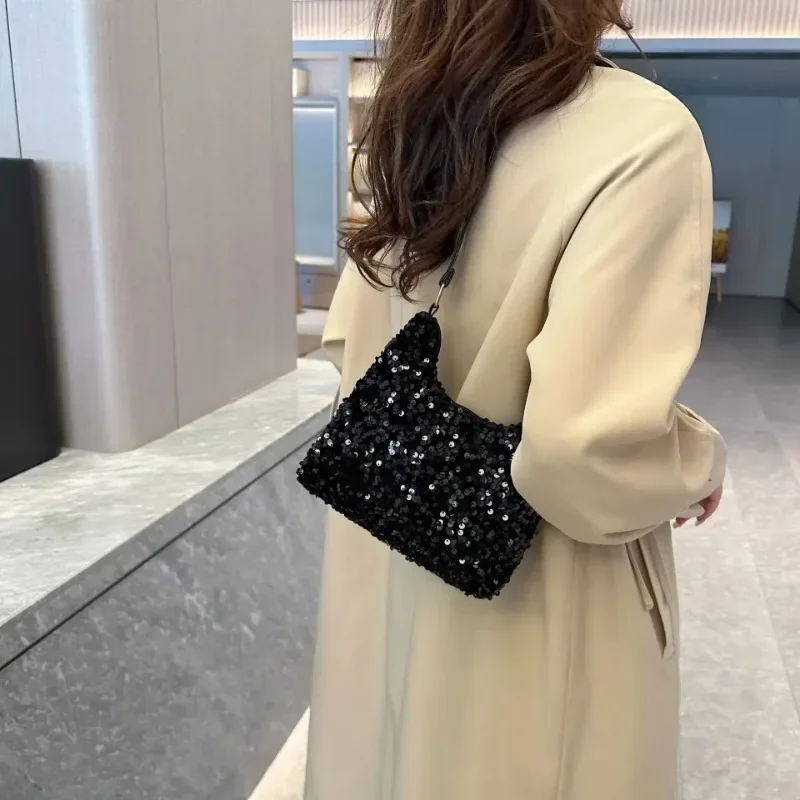 New Fashion Contrast Sequin Shoulder Bag Colorful Sequin Casual Crossbody Bag Women Versatile PU Leather Zipper Underarm Bag