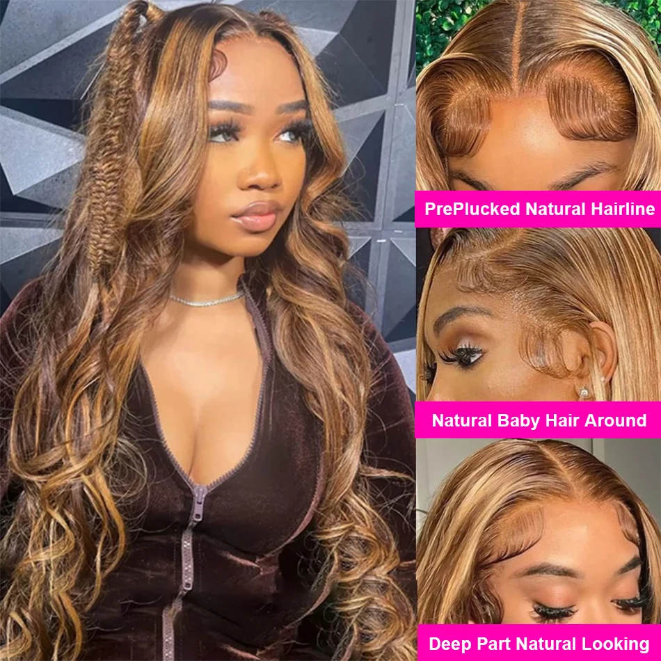 4/27 Highlight Body Wave Human Hair Wigs Brazilian Blonde Brown Piano Color 13x6 HD Transparent Lace Frontal Wig PrePlucked 200%