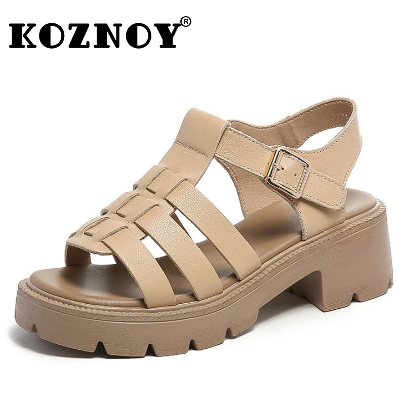 

Koznoy 5cm Weave Cow Genuine Leather Summer Fashion Sandals Hook Women Slippers Pumps Platform Wedge Hollow Flats