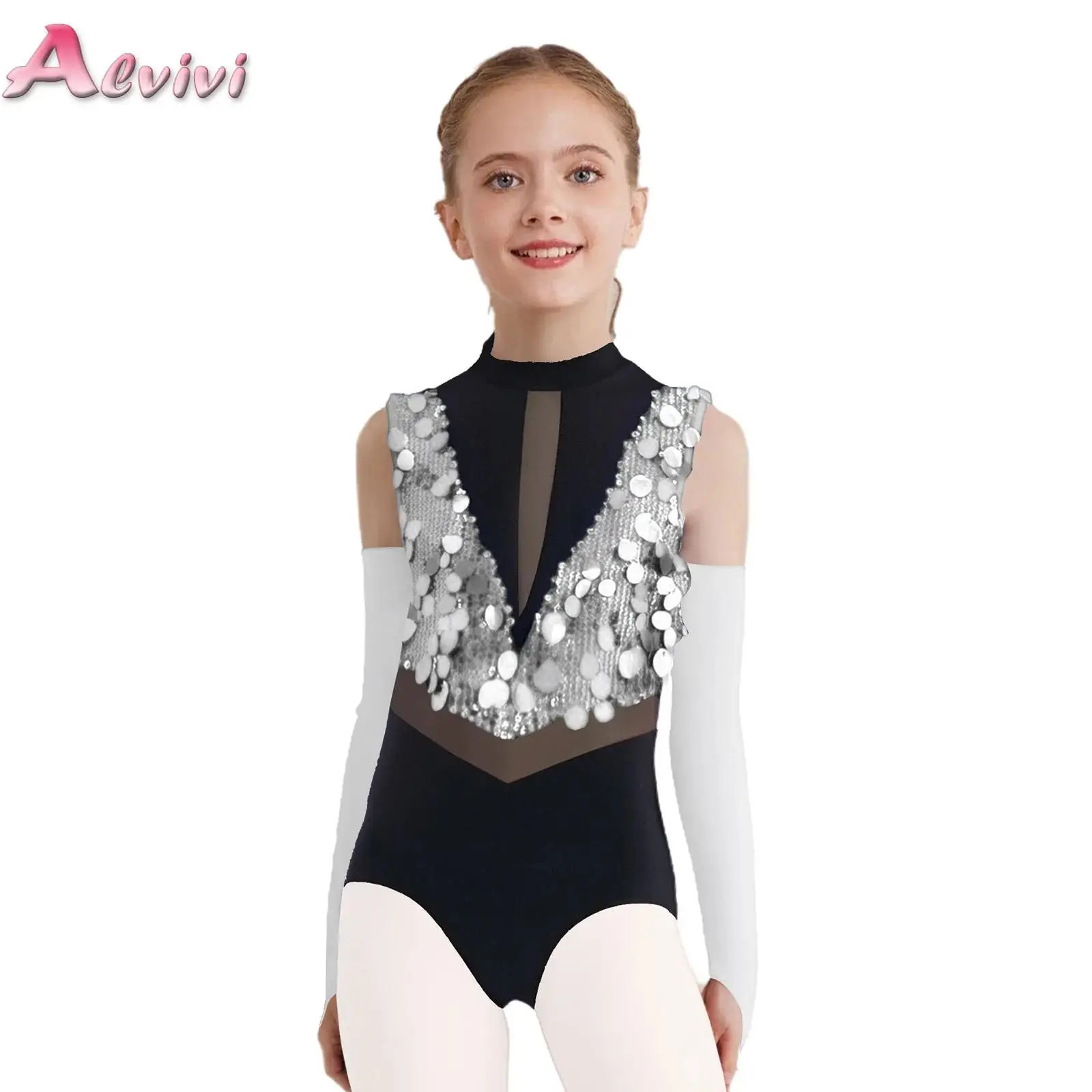 Kids Girls Gymnastics Dance Performance Outfit Sleeveless Cutout Back Sequins Leotard with Gloves for Jazz Latin Modern Dancing