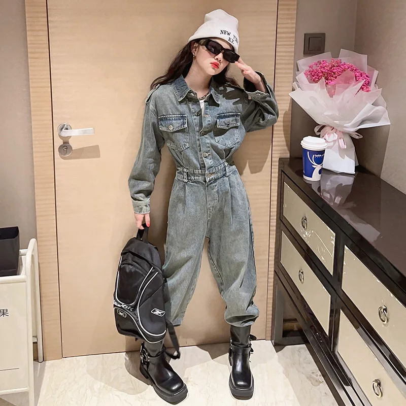 Teean Girls Jumpsuit Autumn Fashion Denim Children\'s Overalls Elastic Waist Casual Streetwear Kids Playsuits 8 10 12 13 14 Years