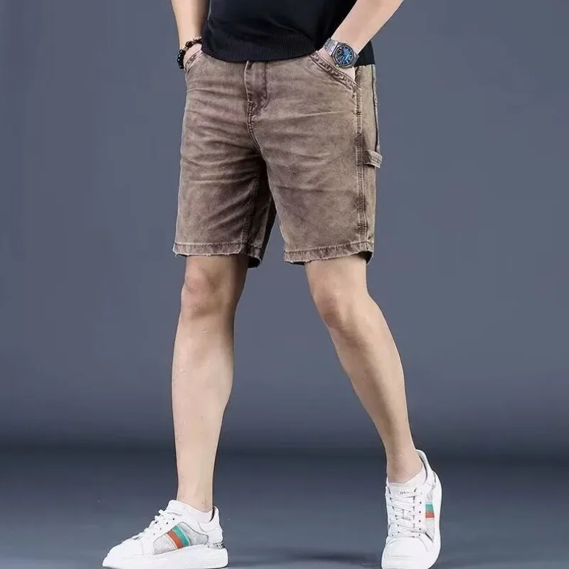 Mens Mid Waist Multi Cargo Pocket Washed Denim Straight Knee Length Shorts